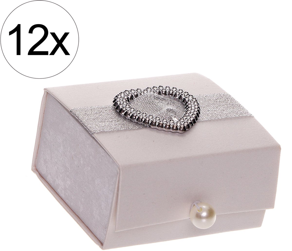 12x Wit Luxe Cadeaudoosje met Zilveren Lint & Hart van Diamantjes – (7x6,5x4)cm – Met Sluiting van Parelmoer